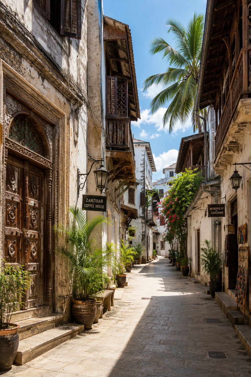 A narrow sunlit street in Stone Town, Zanzibar, with a carved wooden door