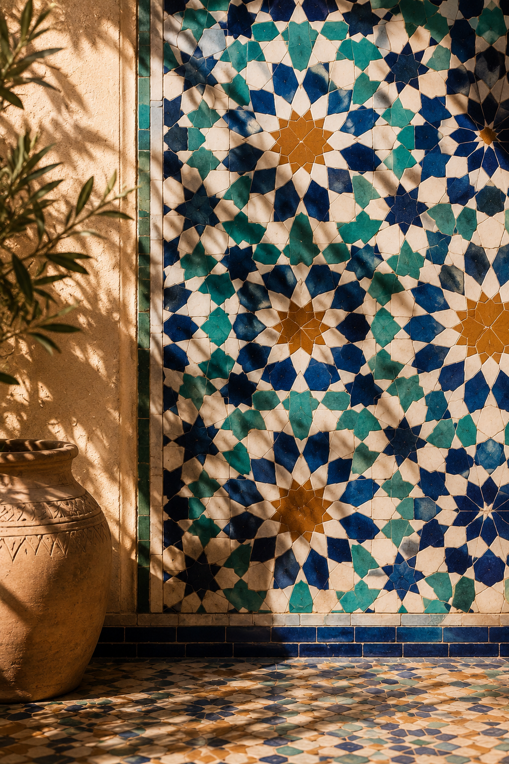 Moroccan zellige tilework in blue, green and ochre with afternoon shadows