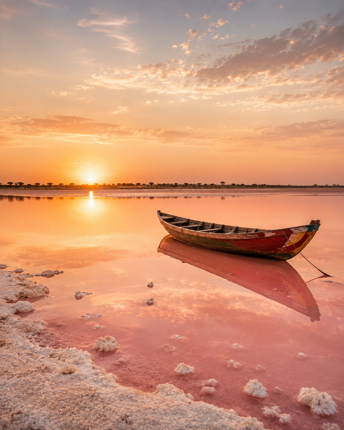 A painted wooden pirogue on the pink waters of Lac Rose at sunset