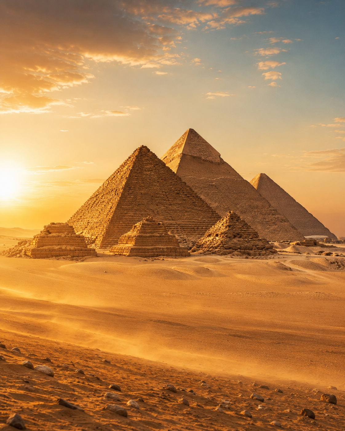 The pyramids of Giza at sunset above the desert sand
