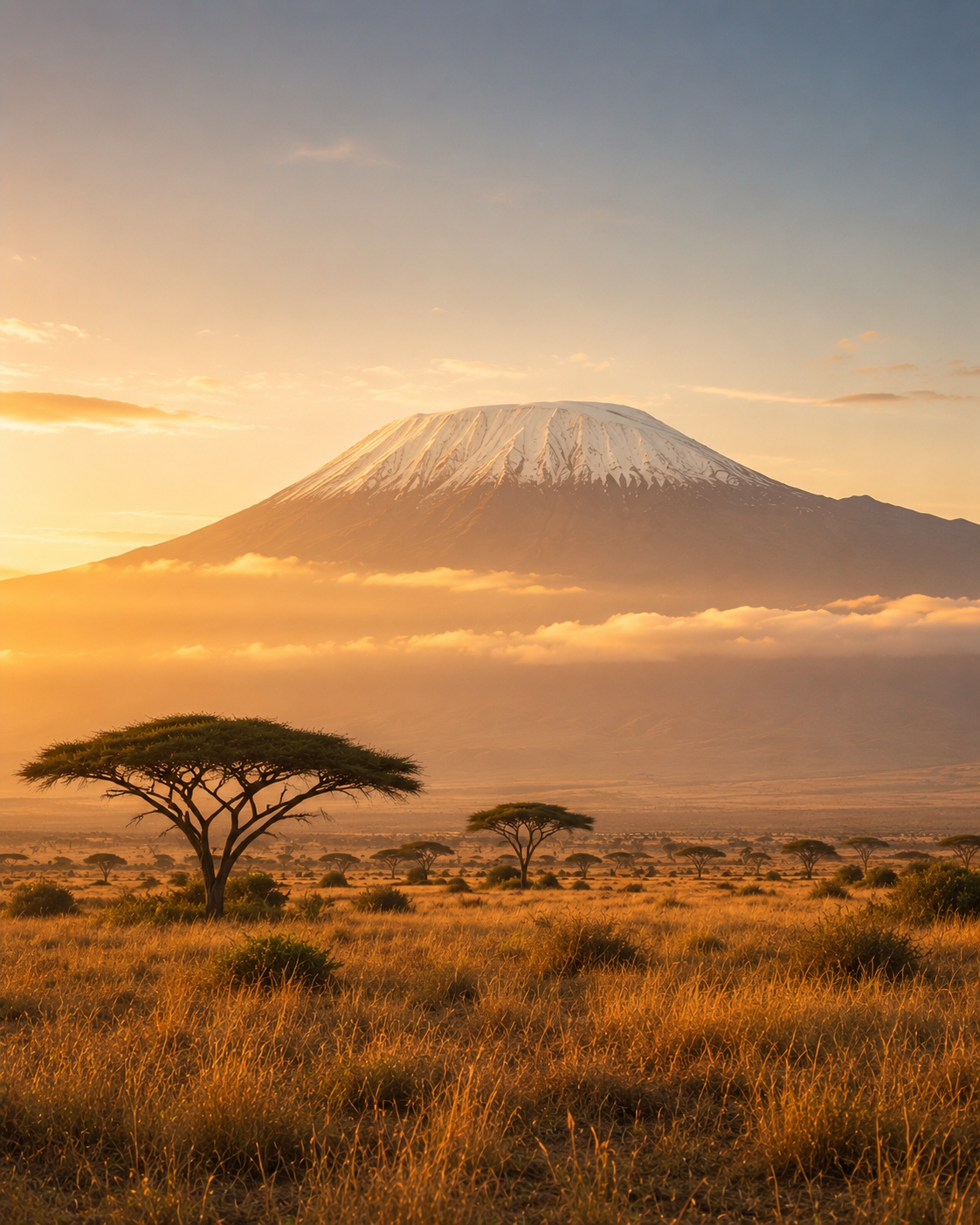 Mount Kilimanjaro seen from Amboseli with acacia trees on the plain