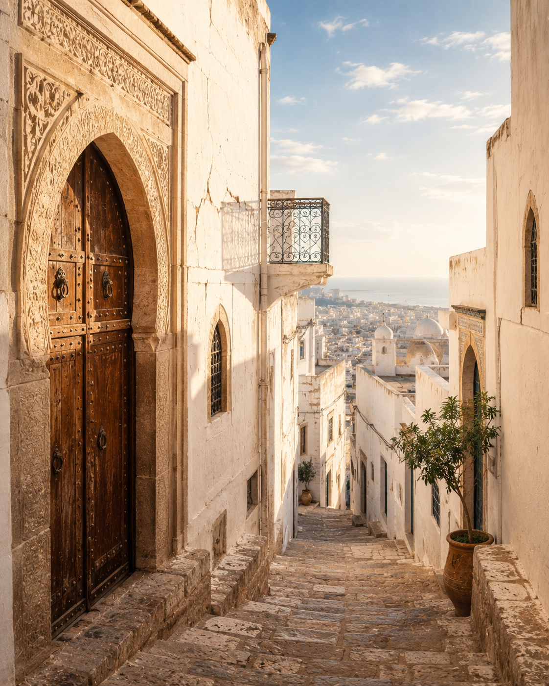 Whitewashed alley in the Casbah of Algiers looking out to the Mediterranean