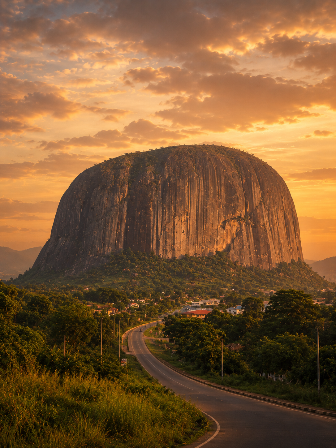 Zuma Rock rising above Abuja at sunset