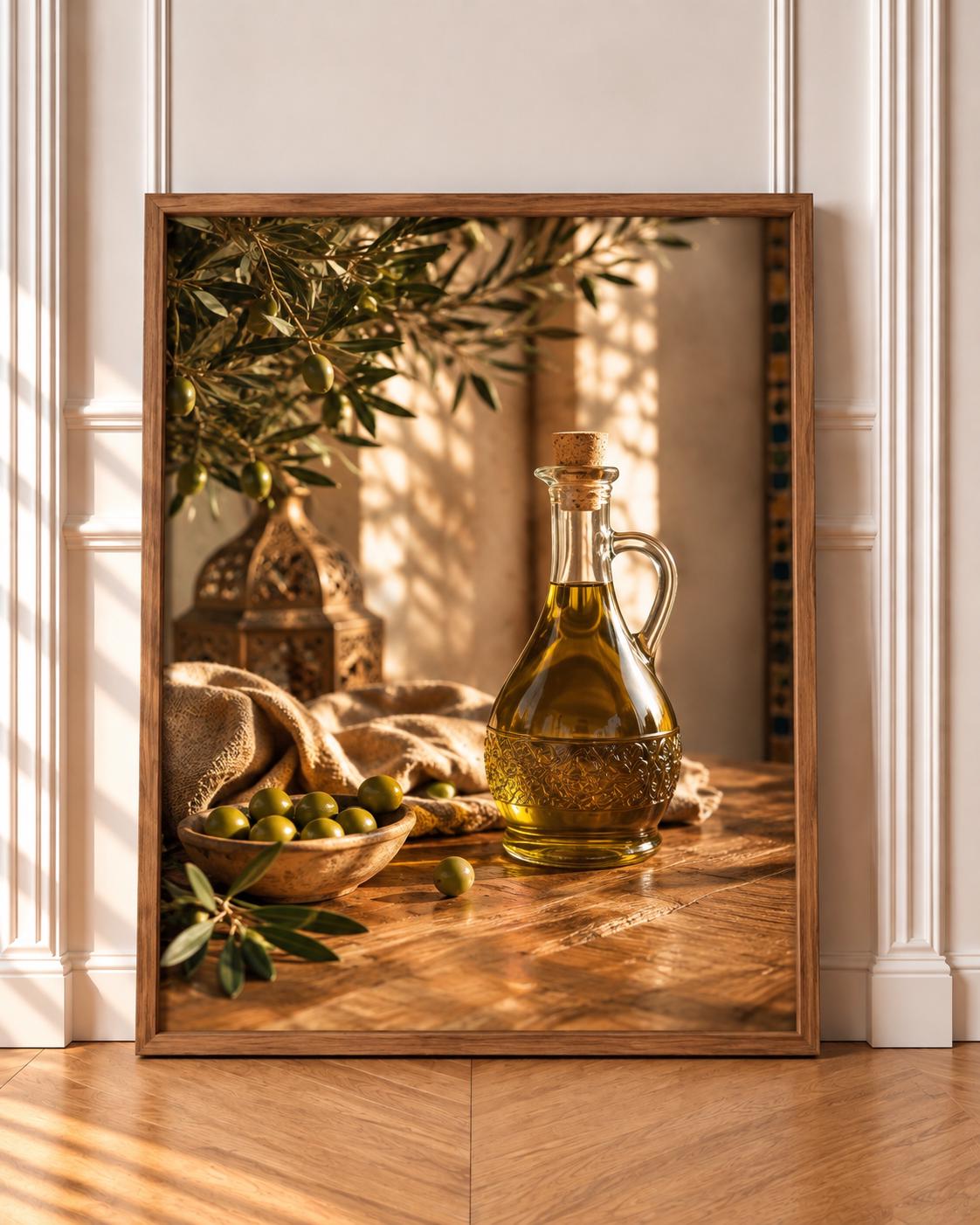 Olive oil and olives wall art print, Morocco